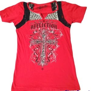 Red affliction shirt with lace and gems